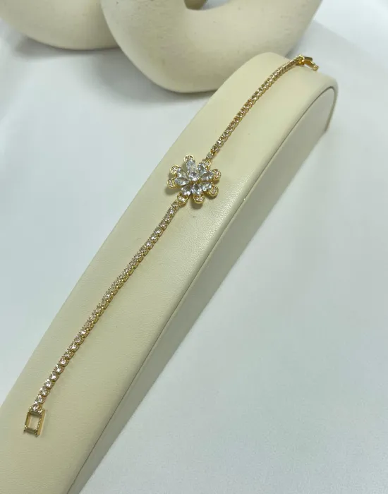 Pulseira zircônia cravejada flor