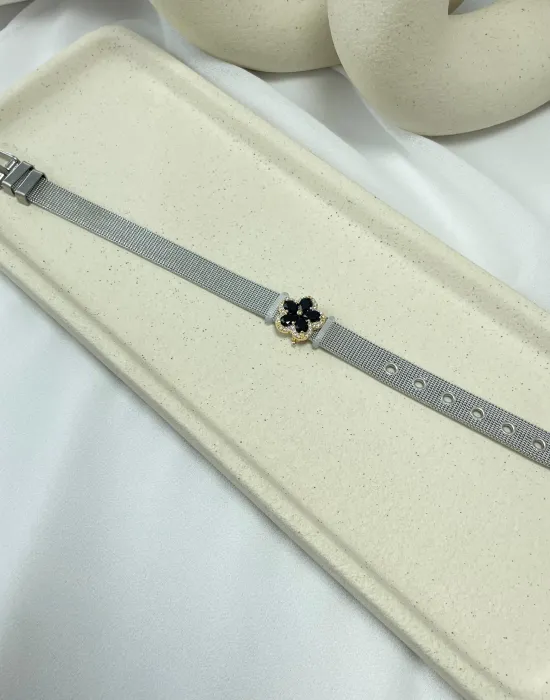 Pulseira relógio aço inox flor preta cravejada
